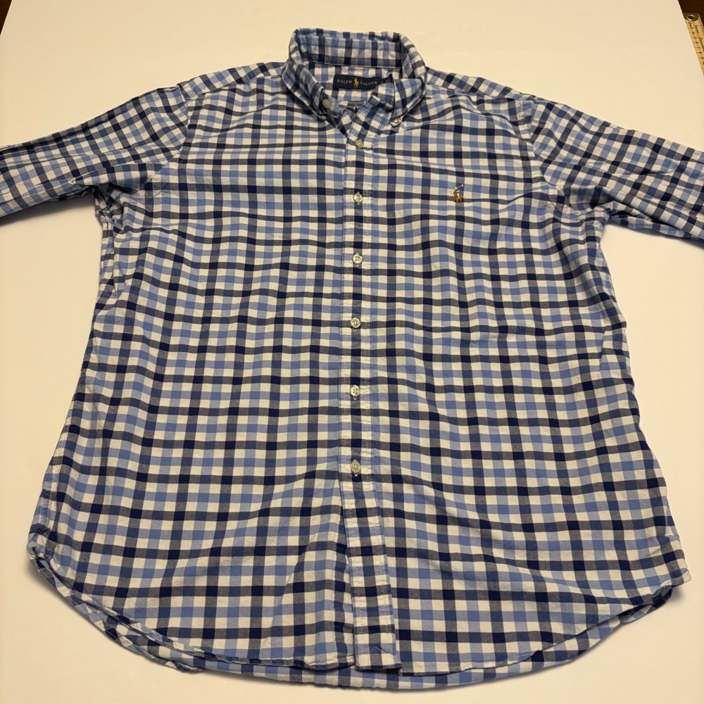 Ralph Lauren Button Down Mens Large Blue Gingham Plaid Long Sleeve Pony Logo